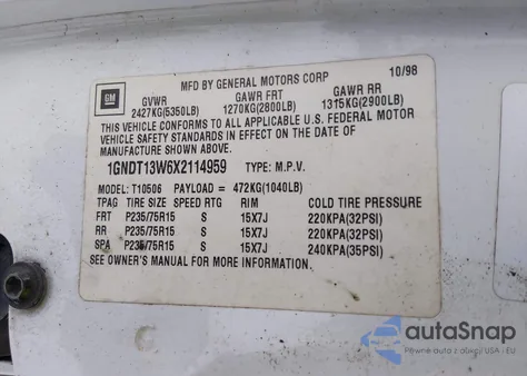 1999 Chevrolet Blazer Lt из США, поврежденный, VIN 1GNDT13W6X2114959